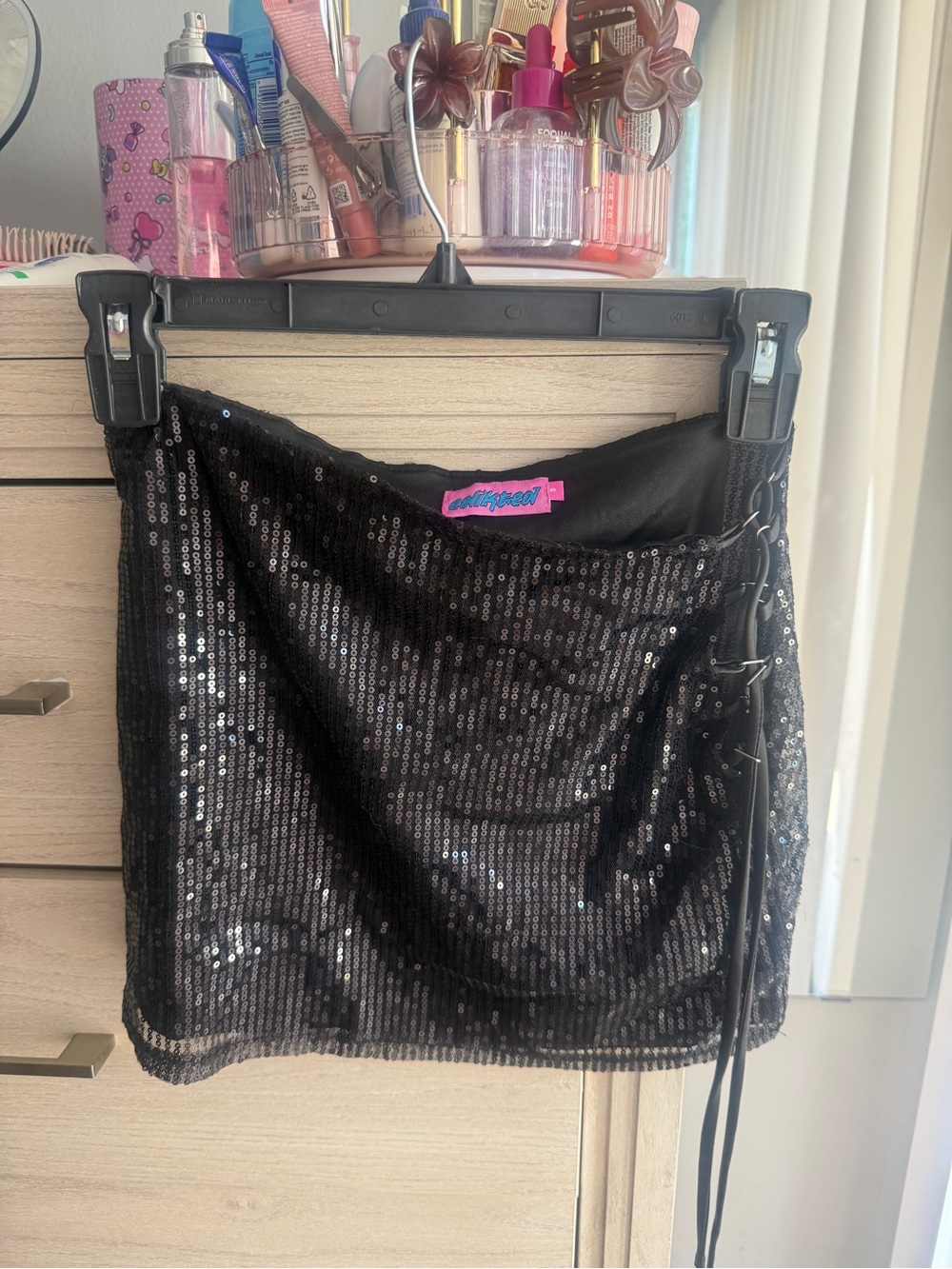 Edikted Black Sequin Mini Skirt with Side Lace-Up